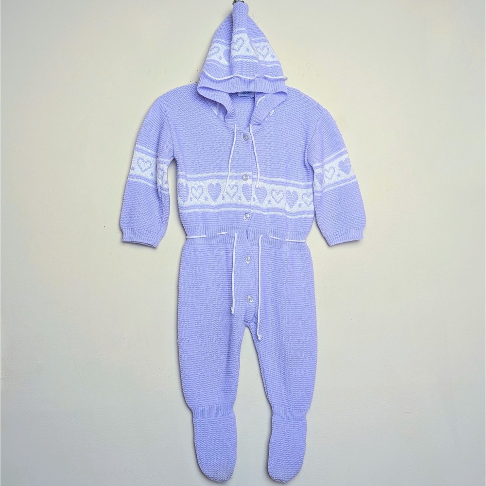 Vintage Babycrest Heart Baby Knit Footed Hooded Sweater Romper Size 3-6 Months